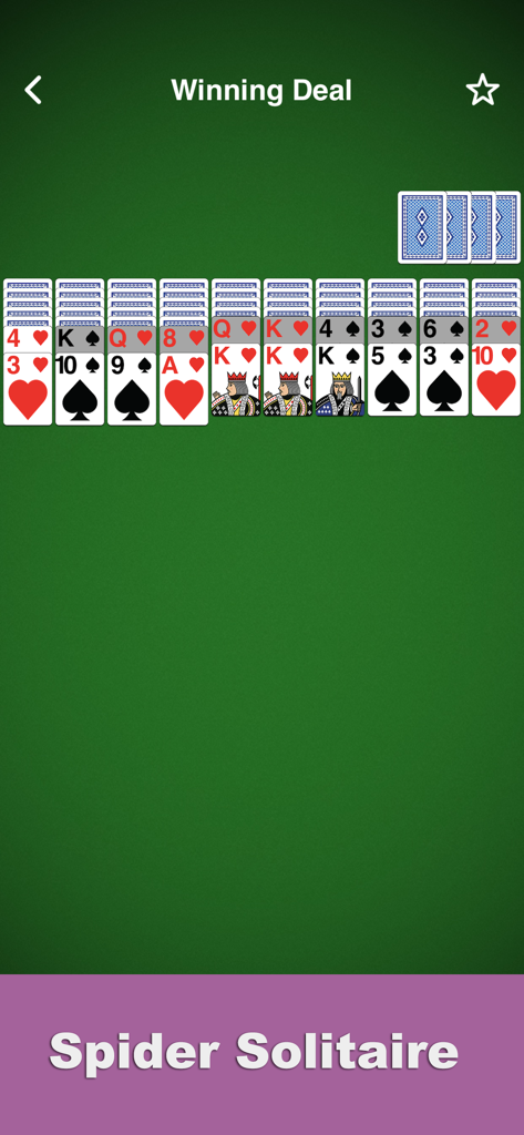 Solitaire: Classic - Interfaz del juego Spider Solitaire con un reparto ganador y un diseño clásico y limpio