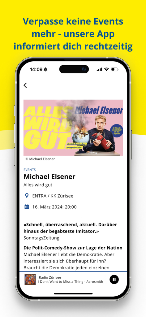 Radio Zürisee - Pantalla de eventos de la aplicación Radio Zürisee mostrando detalles de un show de comedia suiza local para Michael Elsener