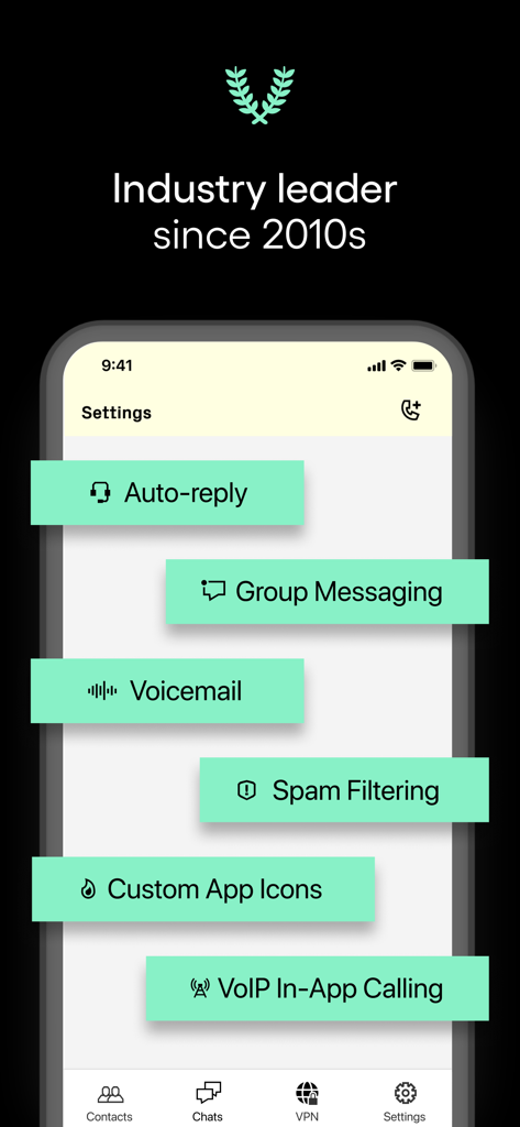 Burner: Second Phone Number - Burnerアプリのインターフェースは、自動返信ボイスメール、スパムフィルタリング、2つ目の電話番号のVoIP通話などの主要機能を表示しています。