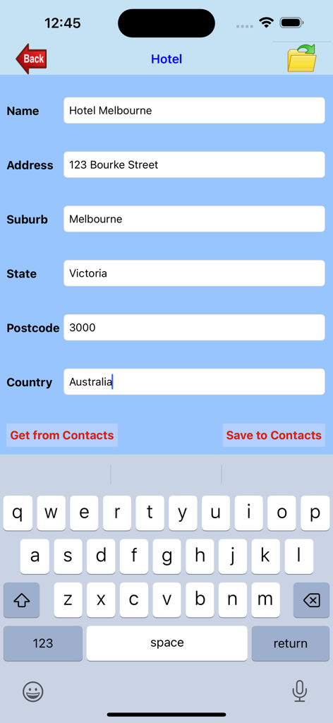 Oberfläche der Melbourne App mit einem Formular zur Eingabe von Hoteladresse und Kontaktinformationen.