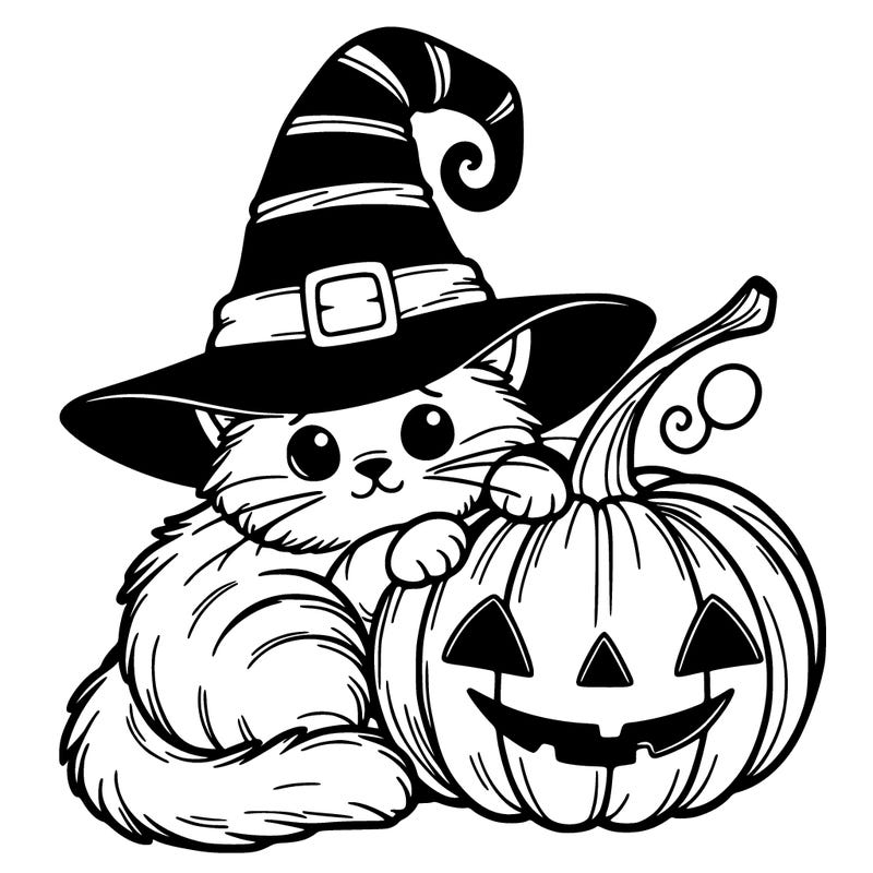 a cat with a witch's hat curled around a pumpkin
