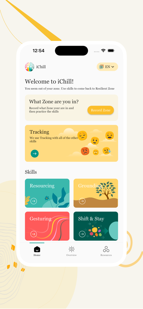 iChill app dashboard showing wellness skills for trauma and stress management like Grounding and Resourcing.