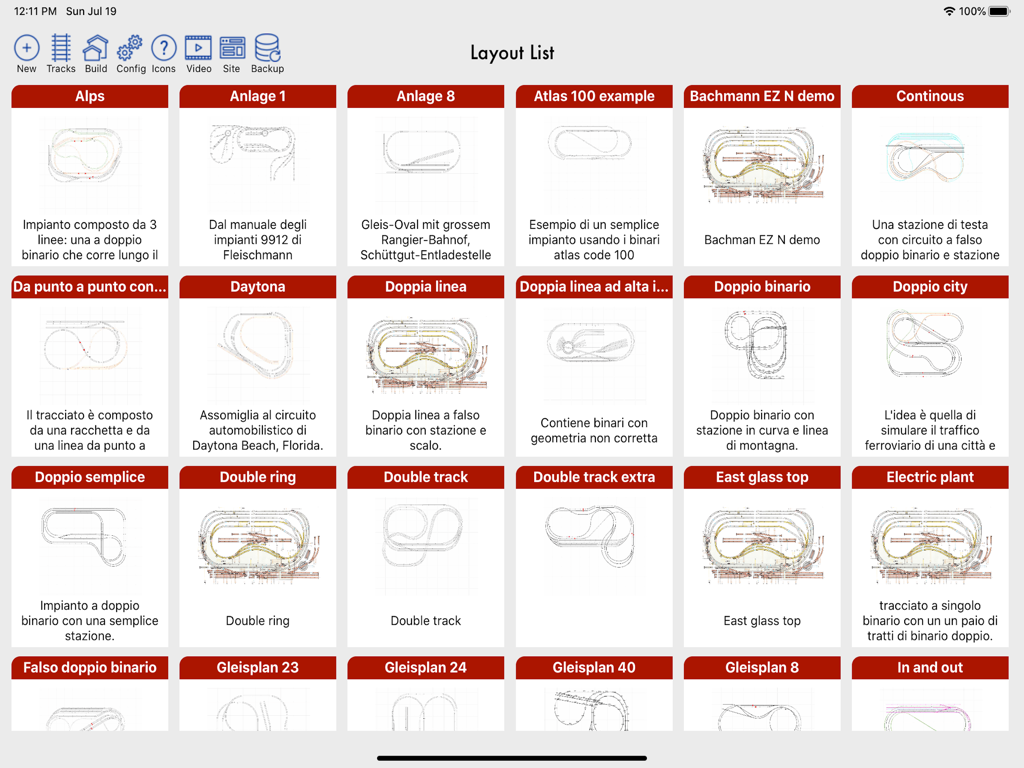 TrainDesign - A grid of various model train track designs and layouts in the TrainDesign app for iPad