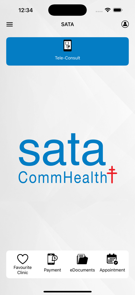 SATA Public - Home dashboard of the SATA Public app featuring tele-consult and medical management options