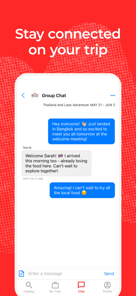 A group chat interface in the Intrepid Travel app showing travelers connecting on a trip to Thailand and Laos