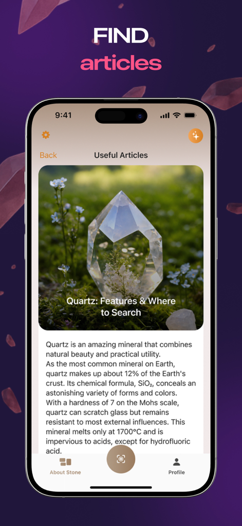Rock Finder AI - Stone Scanner - Interface do aplicativo Rock Finder AI exibindo um artigo educativo sobre as características e propriedades do quartzo