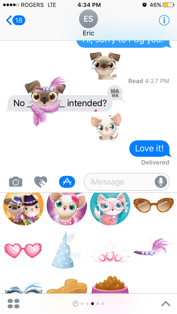 Miss Hollywood: Pugs & Kisses - Una captura de pantalla de un chat de iMessage que muestra lindas pegatinas de cachorros y gatos de la aplicación Miss Hollywood Pugs and Kisses