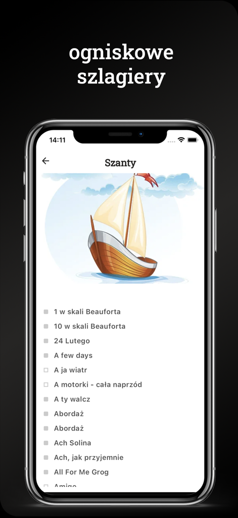 Songbook - Interfaz de la aplicación móvil Songbook que muestra una lista de canciones de salomas marineras con una ilustración de un velero
