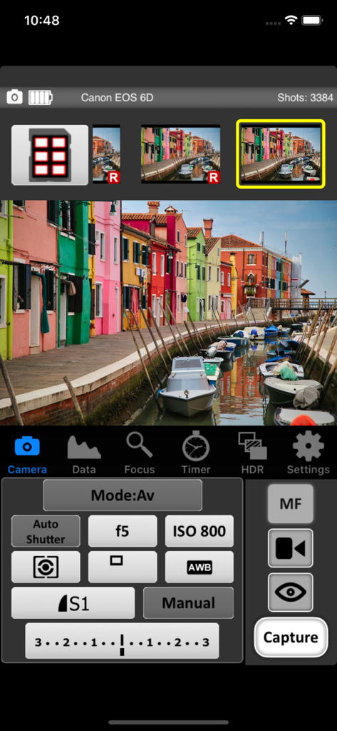 CamRanger Wireless DSLR Camera - Interfaz de la aplicación CamRanger que muestra el control remoto de una cámara Canon EOS 6D con vista en vivo y configuración de exposición