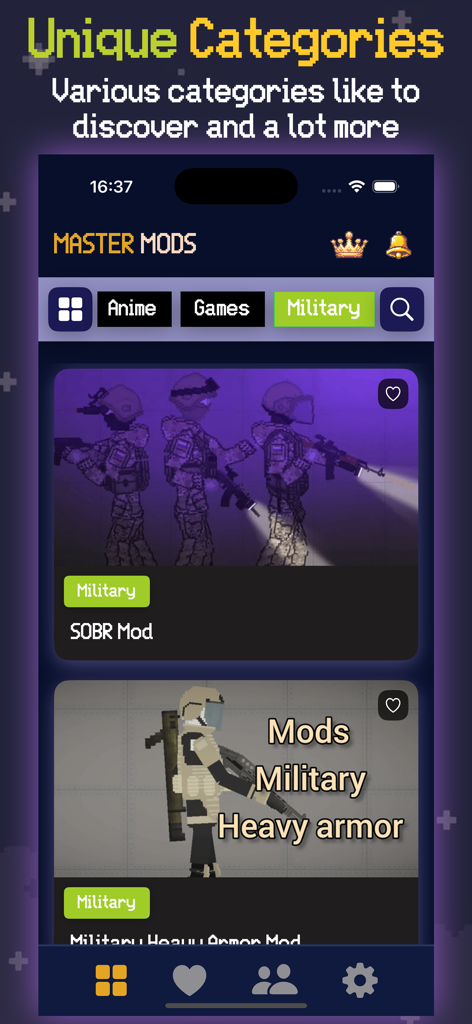 Mel Mods Skins For Ragdoll PG - A mobile app interface showing unique military mod categories for Melon Playground