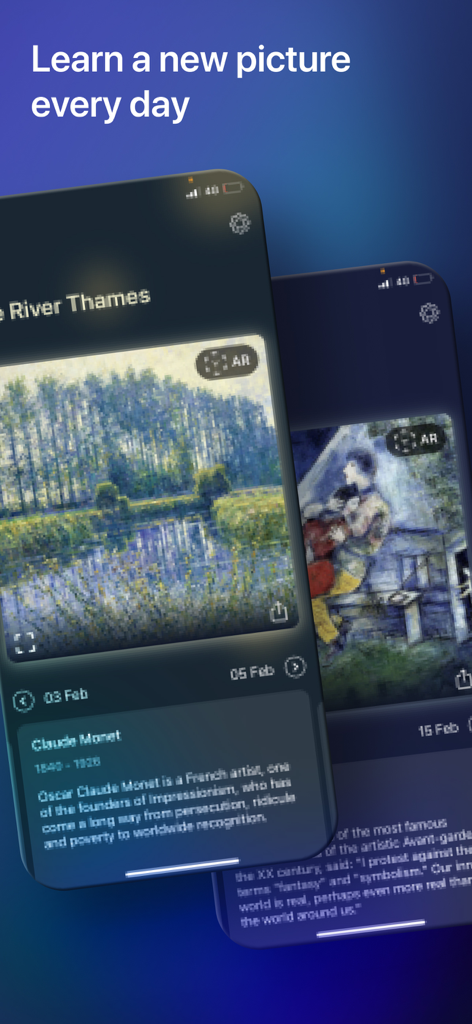 Art Quiz: paintings & artists - Uma tela de smartphone do aplicativo Art Quiz mostrando o recurso de pintura diária com uma obra-prima de Claude Monet e uma breve biografia do artista.