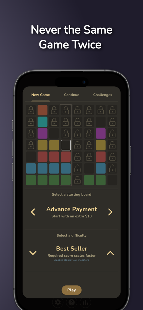 Prosaic - Roguelike Word Game - Prosaicの新しいゲームセットアップ画面。開始ボードのオプションと、Advance PaymentやBest Sellerのような難易度モディファイアが表示されています。