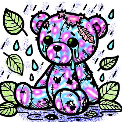tattered teddy bear with leaves and rain