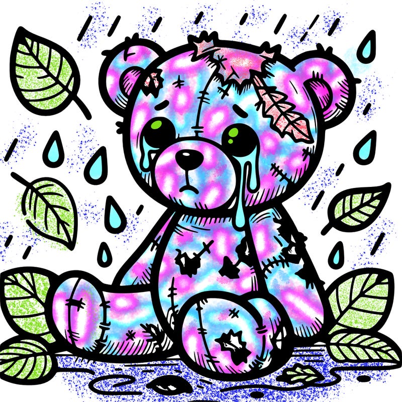tattered teddy bear with leaves and rain