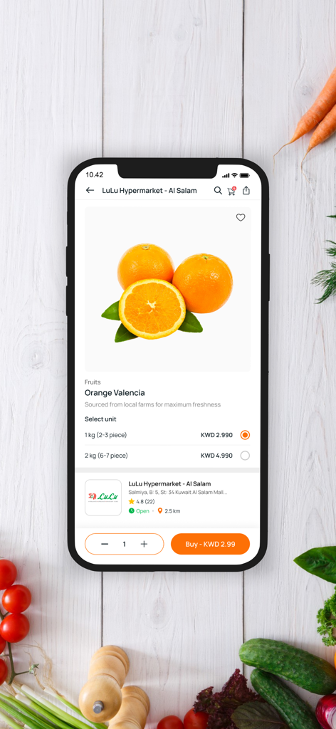 Karrot App - Karrot app product screen for fresh Valencia oranges with local store delivery information