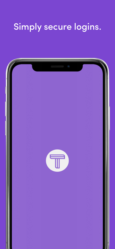 An iPhone displaying the Trusona app splash screen with the text Simply secure logins and a white circular logo on a purple background.