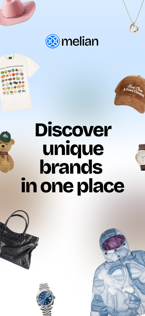Melian App-Oberfläche, die eine kuratierte Auswahl an Mode- und Lifestyle-Produkten von einzigartigen Marken zeigt.