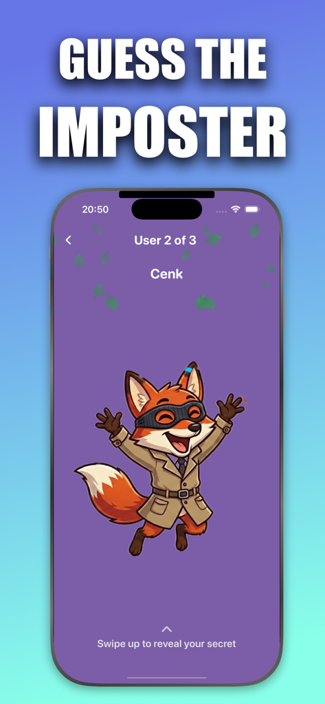 Imposter Game - Party Zone - Interfaz del juego Imposter Game que muestra un personaje de zorro espía y el texto Adivina el impostor