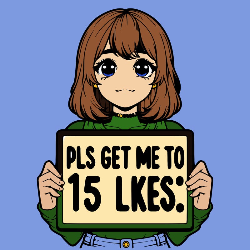 realistic girl holding up a sign that says “pls get me to 15 likes!”