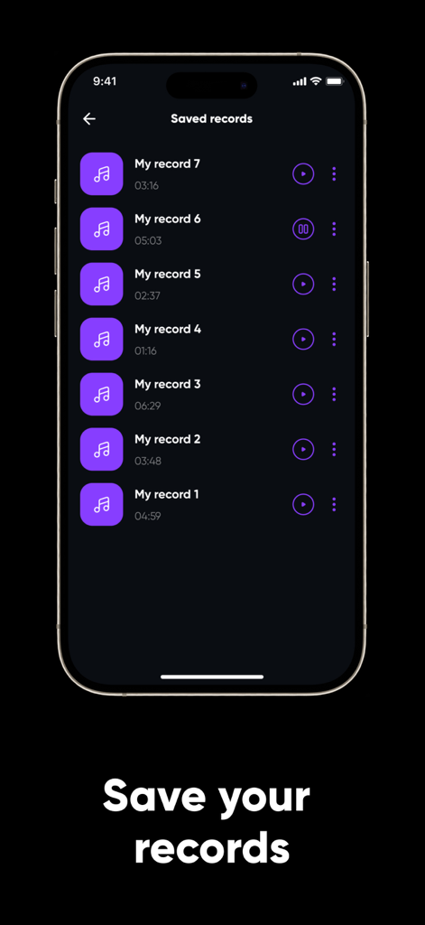 Voice Changer - Song Maker - Oberfläche, die gespeicherte Sprachaufnahmen in der App anzeigt