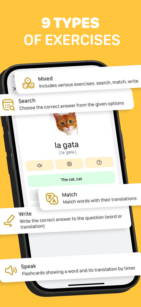 Smartphone screen displaying language learning exercises and a picture flashcard for Spanish vocabulary