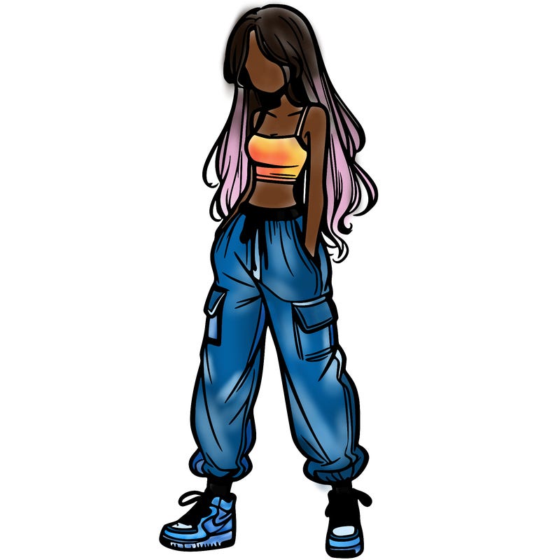 girl in baggy pants crop top and long hair