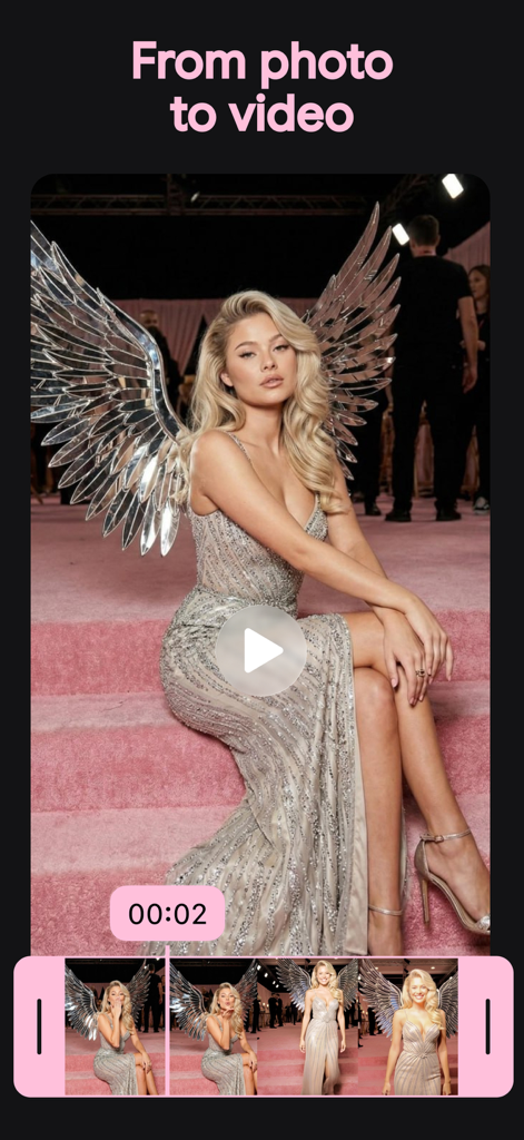 Screenshot of MIU AI app showing a photo of a woman with angel wings being converted into a video