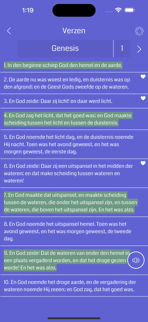 Bijbel offline - Interfaz de la aplicación Biblia sin conexión mostrando escrituras en español del Génesis 1 con versículos resaltados