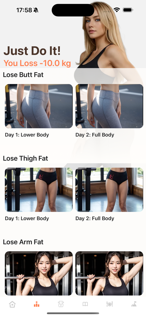 Exercise for Obesity at Home - Écran d'application mobile montrant des programmes d'exercices ciblés pour perdre de la graisse dans les bras, les cuisses et les fessiers.