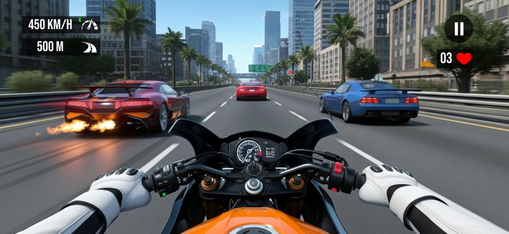GT Bike Racing Moto Bike Games - First person view of a motorcycle racing at 450 km per hour on a city highway past sports cars