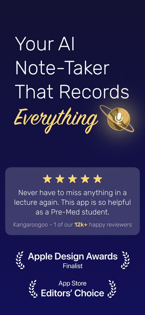 Noted: Record & AI Transcribe - Écran promotionnel de Noted, l'outil de prise de notes par IA, montrant l'avis d'un étudiant et les badges de récompenses de l'App Store