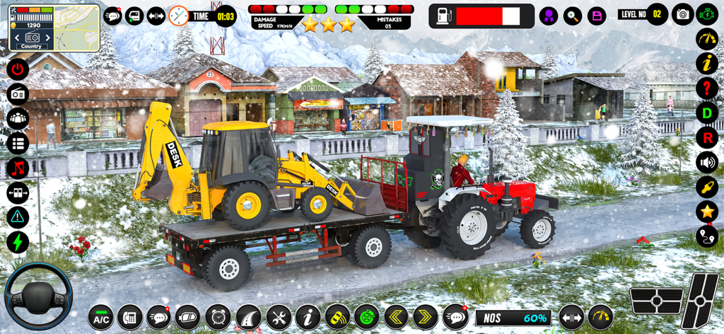 Road Build & Dropoff Missions - Tractor rojo remolcando una excavadora amarilla en un remolque de plataforma a través de un pueblo nevado en un juego de simulación de construcción