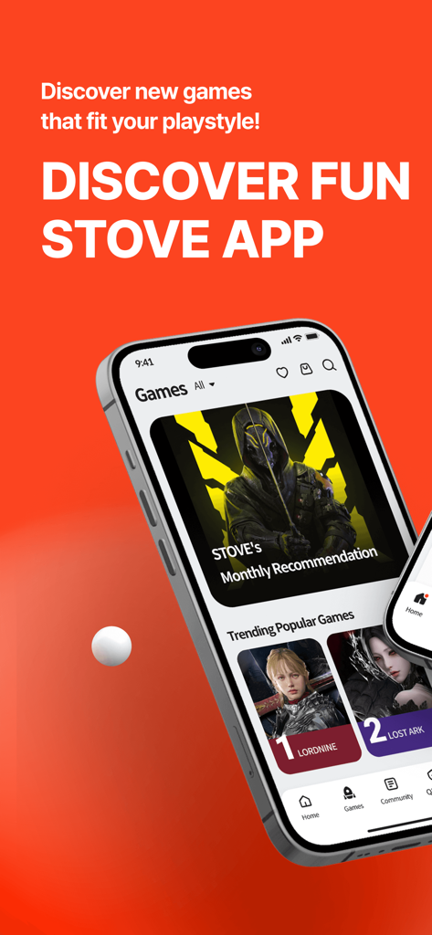 STOVE App - Interface de l'application STOVE affichant la découverte de jeux, des recommandations mensuelles et des jeux populaires tendance comme Lost Ark