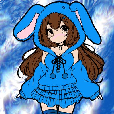 pretty anime girl wearing a fluffy hoodie with bunny ears on the hood and a skirt
