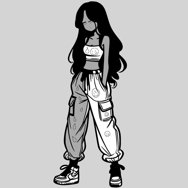 girl in baggy pants crop top and long hair