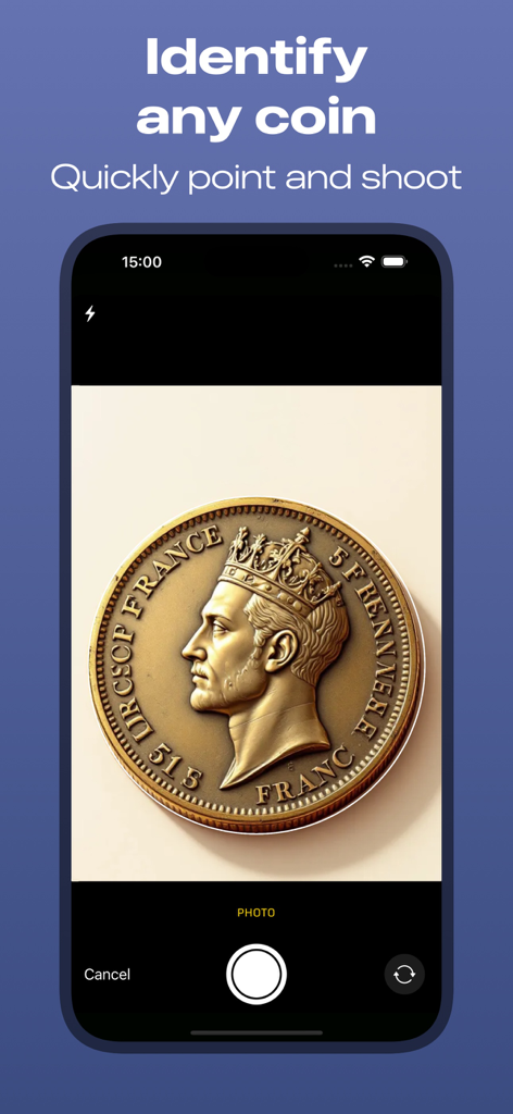 Coin Identifier: Value Scanner - Smartphone camera scanning a gold coin for identification