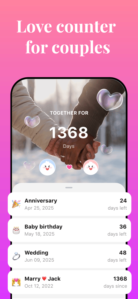 A love counter screen from the My Love app showing the number of days a couple has been together and a list of upcoming anniversaries.