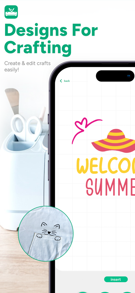 Design Creator Space - Design Creator Space app interface showing a summer craft design on a smartphone screen next to crafting tools.