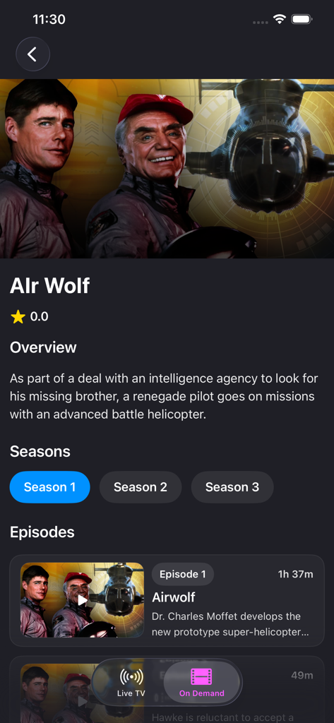 Airy TV & Live Movie Streaming - Screenshot of Airy TV app showing the details page for the classic TV show Air Wolf with season and episode listings