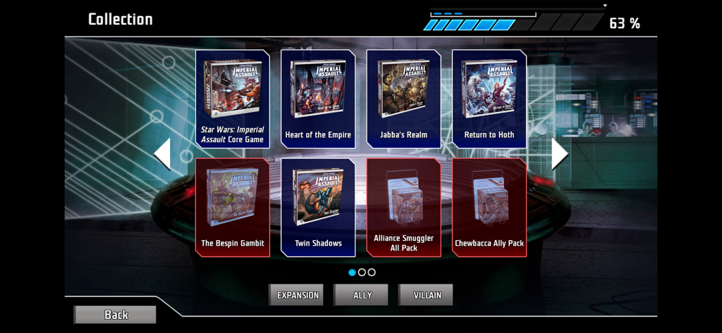 Star Wars: Imperial Assault - Pantalla de colección en la aplicación Star Wars Imperial Assault, mostrando varias expansiones del juego de mesa y paquetes de aliados