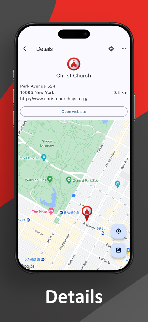 Church Finder Worldwide - Screenshot of the Church Finder Worldwide app showing the details page for Christ Church in New York with address and map location.