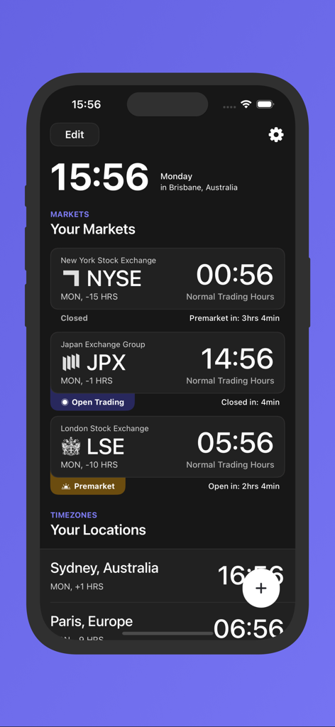 Market Clocks - A dark mode dashboard of the Market Clocks app showing real-time trading hours for NYSE, JPX, and LSE exchanges along with local timezones.