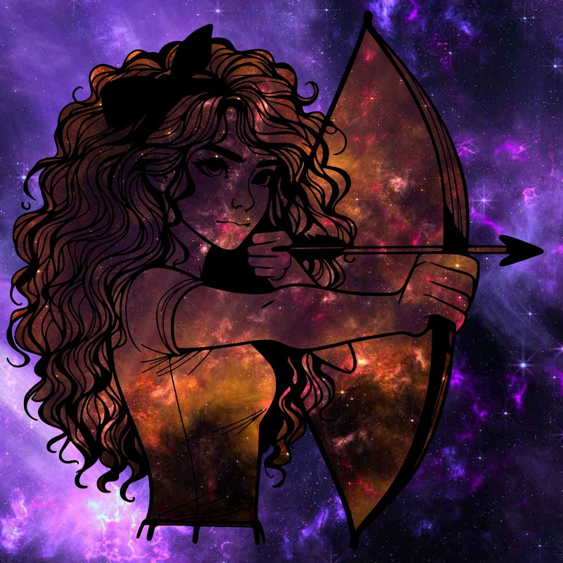 a woman with curly and messy hair using a bow to shoot arrow realistic