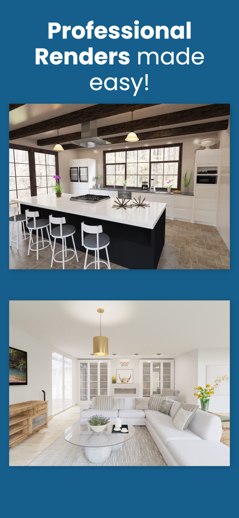 Two high-quality 3D renders of a modern kitchen and living room created with Interior Design PRO