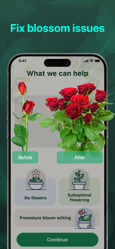 PlantAI: Identifier & Diagnose - PlantAI app screen showing a fix blossom issues interface with a before and after comparison of blooming roses and diagnostic options for flowering problems
