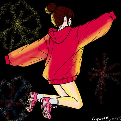 realistic girl jumping with a bun and oversized sweatshirt