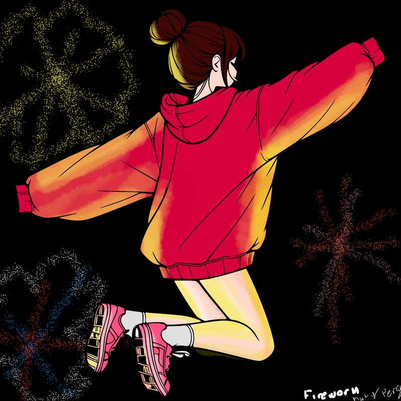 realistic girl jumping with a bun and oversized sweatshirt