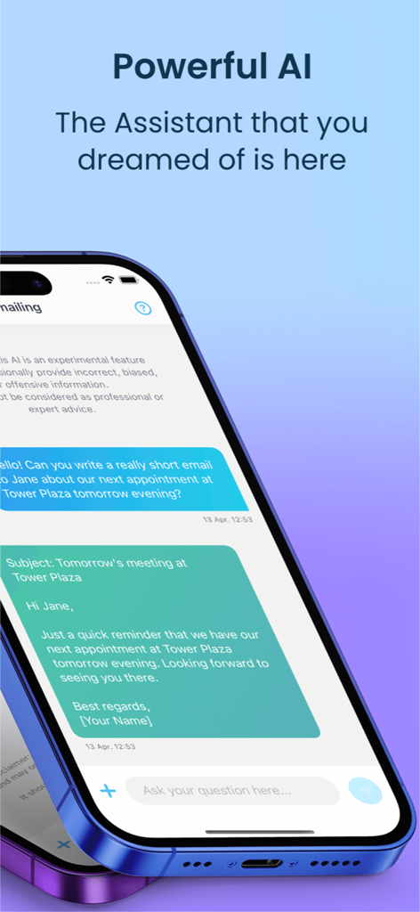 Sky AI - Sky AI mobile application showing a chat interface where an AI assistant drafts a professional email