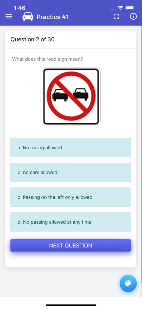 Quebec Class 5 Driving Test - Écran de question pratique dans l'application Quebec Class 5 Driving Test demandant la signification d'un panneau de signalisation interdisant de dépasser.