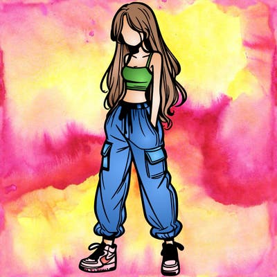 girl in baggy pants crop top and long hair